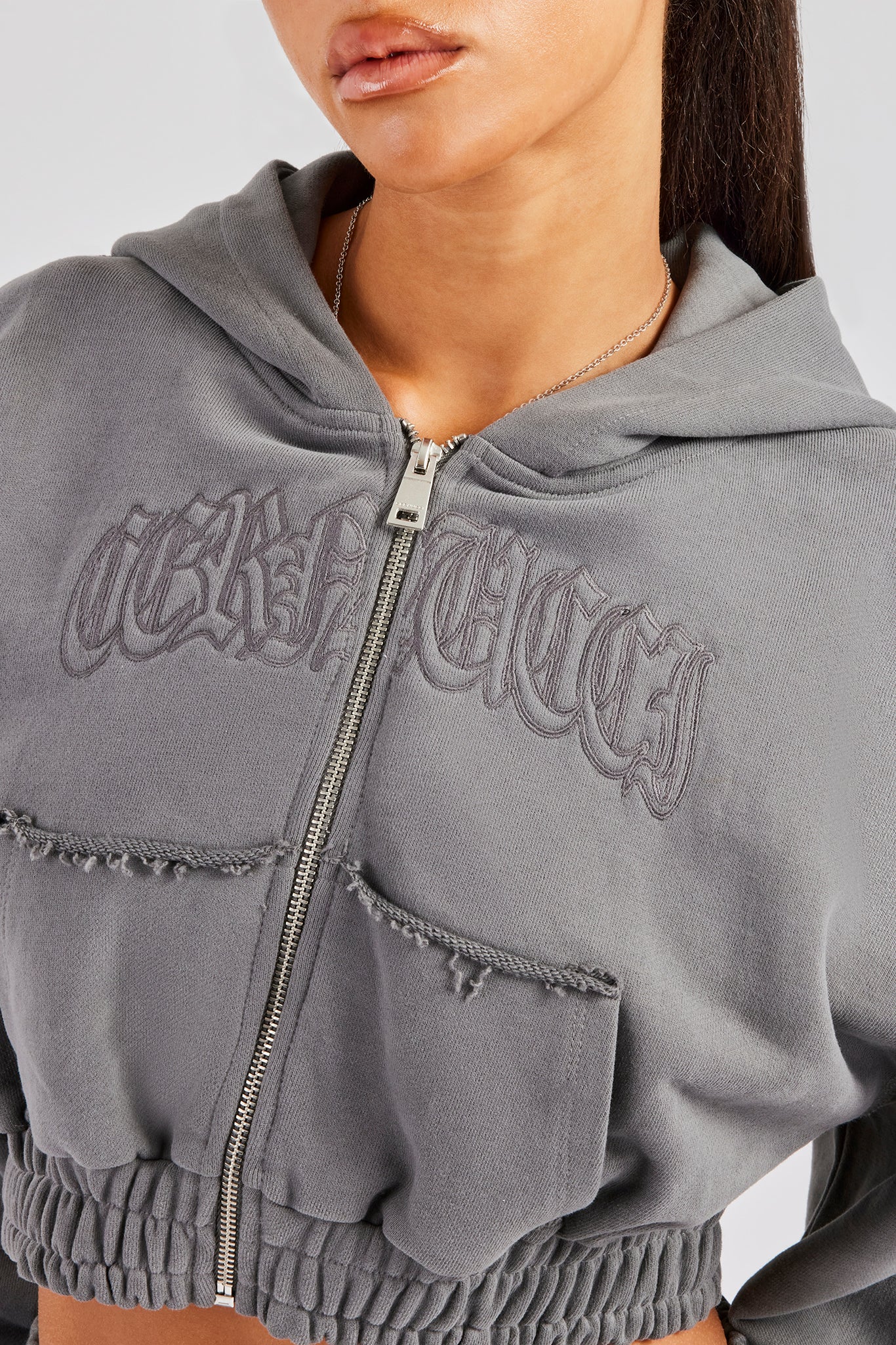 Cropped Exposed Seam Zip Through Hoodie - Charcoal